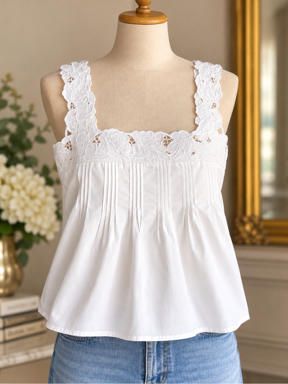 J.Crew Lace-Trim Tank Top in Compact Poplin White Size S NWT